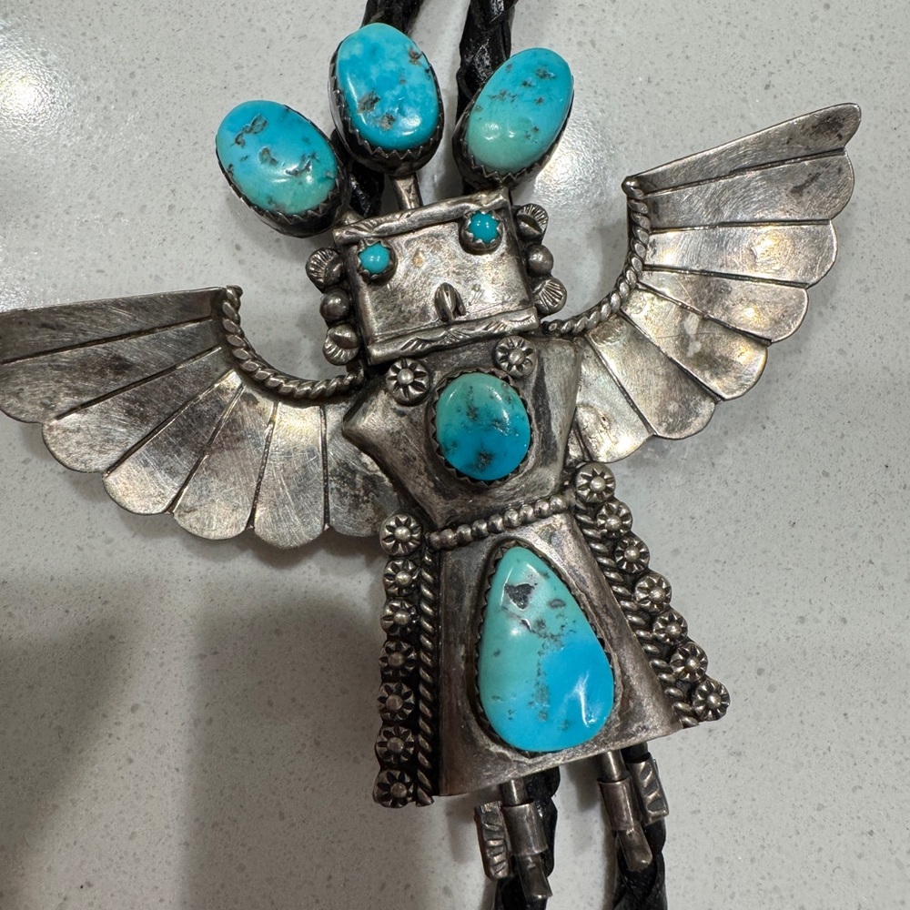 Vintage old pawn Turquoise sterling Silver  eagle kachina Bolo Tie necklace euc